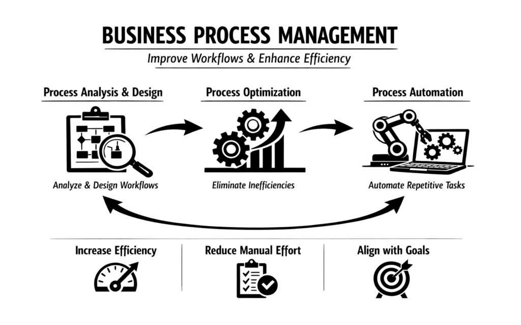 Black-and-white infographic illustrating Business Process Management (BPM) with three stages—process analysis and design, process optimization, and process automation—showing a continuous workflow that improves efficiency, reduces manual effort, and aligns operations with strategic goals. Title Business Process Management (BPM) Lifecycle: Analysis, Optimization, and Automation Caption Black-and-white infographic illustrating Business Process Management (BPM) with three stages—process analysis and design, process optimization, and process automation—showing a continuous workflow that improves efficiency, reduces manual effort, and aligns operations with strategic goals. © Philip Weinholtz 2026