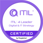 ITIL® 4 Leader Digital & IT Strategy Certified badge in purple and white, issued by PeopleCert.