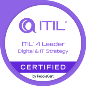 ITIL® 4 Leader Digital & IT Strategy Certified badge in purple and white, issued by PeopleCert.