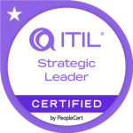 ITIL® 4 Strategic Leader Certified badge in purple and white, issued by PeopleCert.