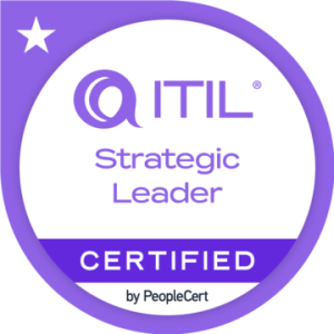ITIL® 4 Strategic Leader Certified badge in purple and white, issued by PeopleCert.